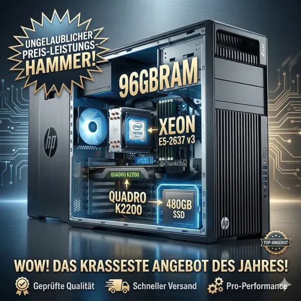 HP Z640 Workstation | Xeon E5-2637 v3 | 96 GB RAM | 480 GB SSD | Quadro K2200 4GB | Win 11 Pro | Office 2024 - Produktbild 1 von 8