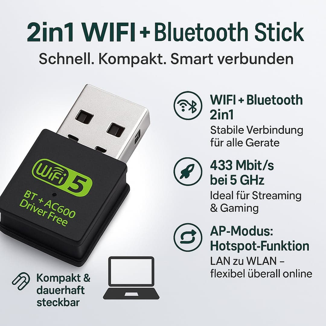 2-in-1 WIFI + Bluetooth USB Stick (600 Mbit/s; – für drahtlose Verbindungen) - Produktbild 1 von 1