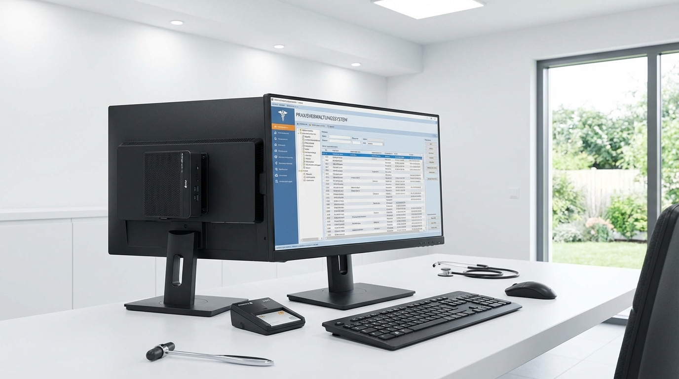 Mini PC am Empfang einer Arztpraxis — kompakt, leise, VESA-montiert