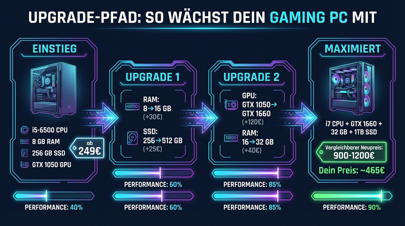 Upgrade-Pfad: So wächst dein Gaming PC mit — von 249€ Einstieg bis maximiert für ~465€