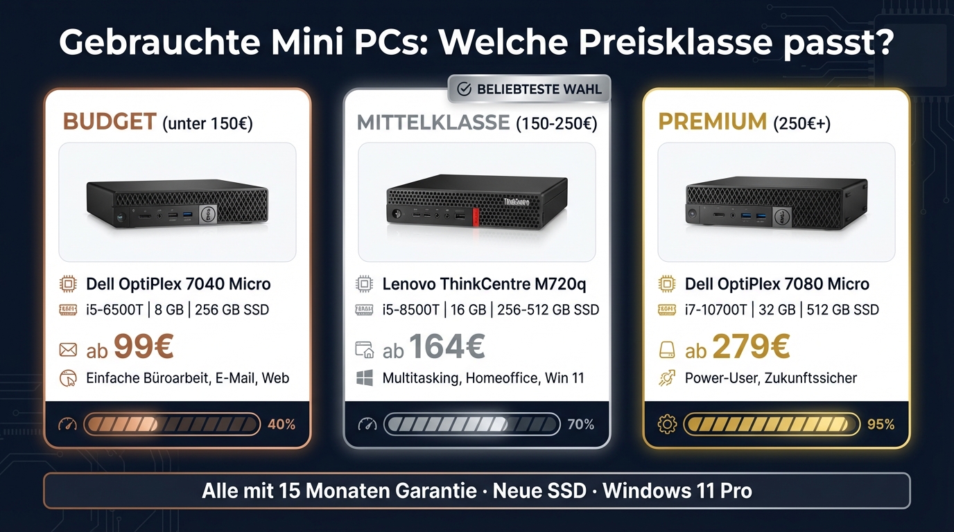 Gebrauchte Mini PCs nach Preisklasse: Budget, Mittelklasse, Premium