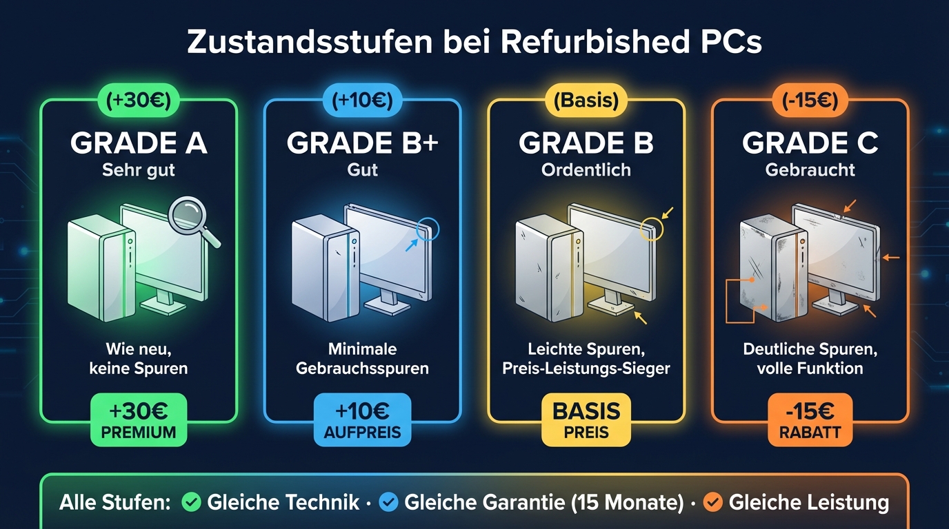 Zustandsstufen bei Refurbished PCs: A, B+, B und C im Vergleich