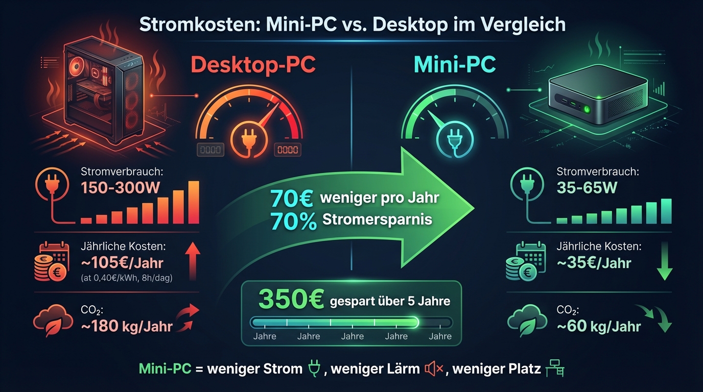Stromkosten: Mini-PC vs. Desktop — 70% Stromersparnis pro Jahr