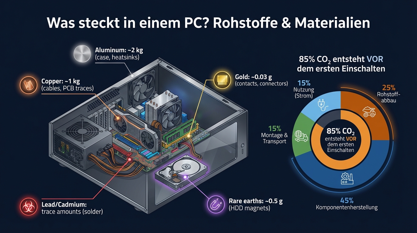 Was steckt in einem PC? Rohstoffe & Materialien — 85% CO₂ entsteht vor dem ersten Einschalten