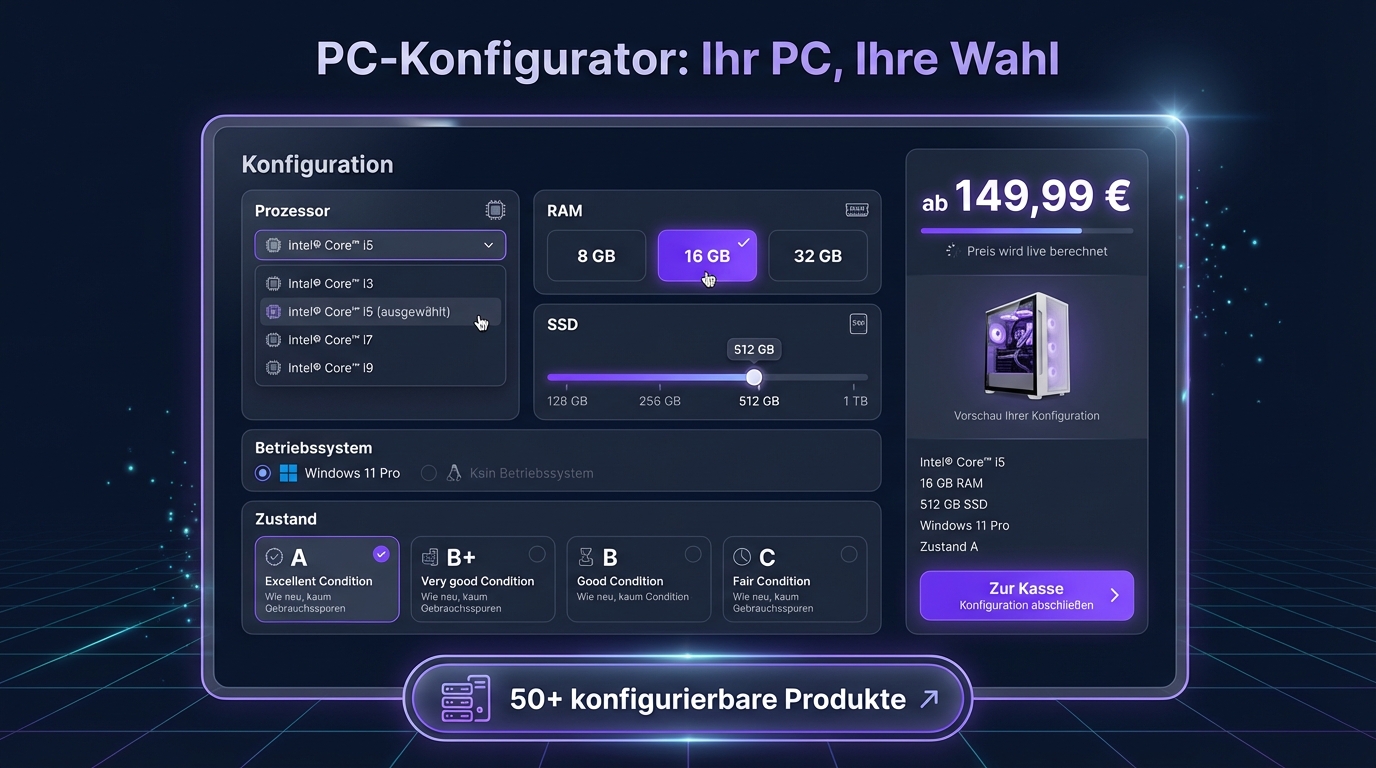 PC-Konfigurator: Ihr PC, Ihre Wahl — Prozessor, RAM, SSD und Zustand konfigurieren