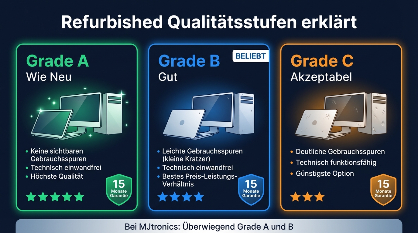 Refurbished Qualitätsstufen: Grade A (Wie Neu), Grade B (Gut), Grade C (Akzeptabel)