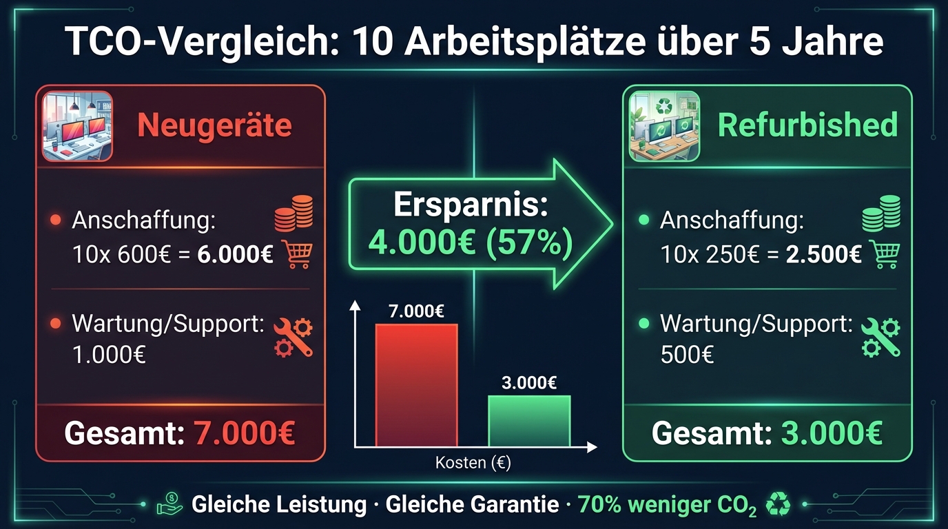TCO-Vergleich: 10 Arbeitsplätze — Refurbished vs. Neugeräte über 5 Jahre