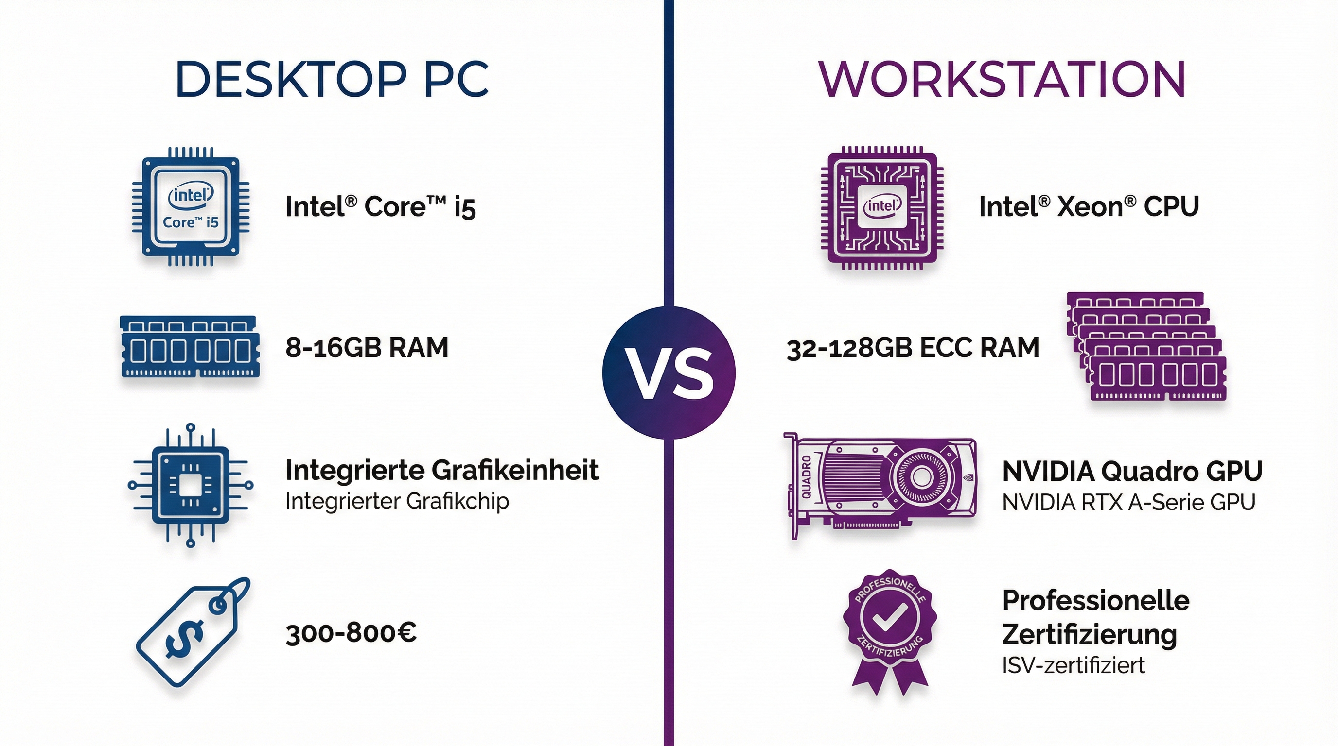 Desktop PC vs Workstation — Infografik: CPU, RAM, GPU und Zertifizierung im Vergleich